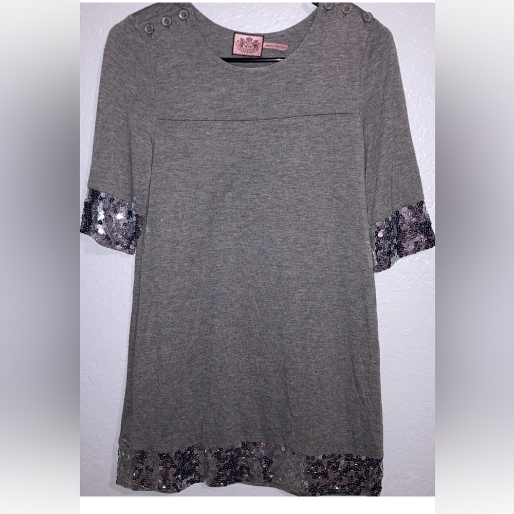 Juicy Couture Heather Gray Wool Blend Shift Dress Silver Sequins Stretch Sz P